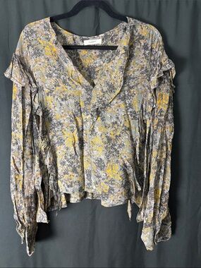 Lightweight Floral Ruffle V-Neck Blouse - Gray & Yellow